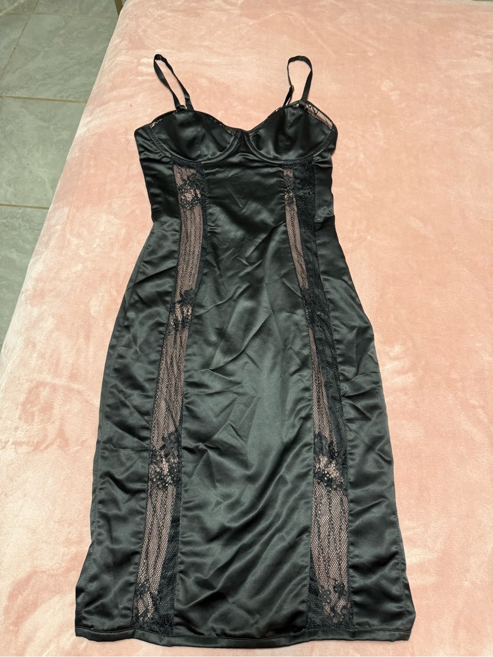 House of CB Black Satin Midi Slip Dress with Lace Insets